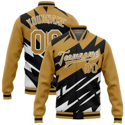 Custom Old Gold Black-White Lightning 3D Pattern Design Bomber Full-Snap Varsity Letterman Jacket