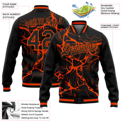 Custom Black Orange Abstract Network 3D Pattern Design Bomber Full-Snap Varsity Letterman Jacket