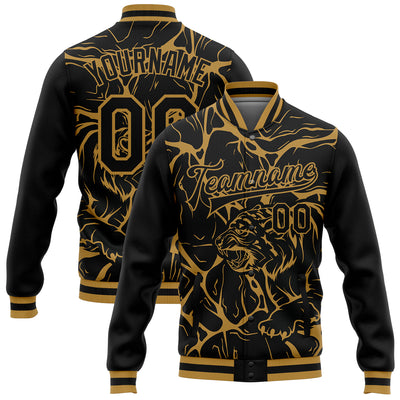 Custom Black Old Gold Abstract Network And Tiger 3D Pattern Design Bomber Full-Snap Varsity Letterman Jacket