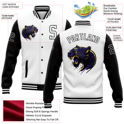 Custom White Black 3D Pattern Design Bomber Full-Snap Varsity Letterman Jacket