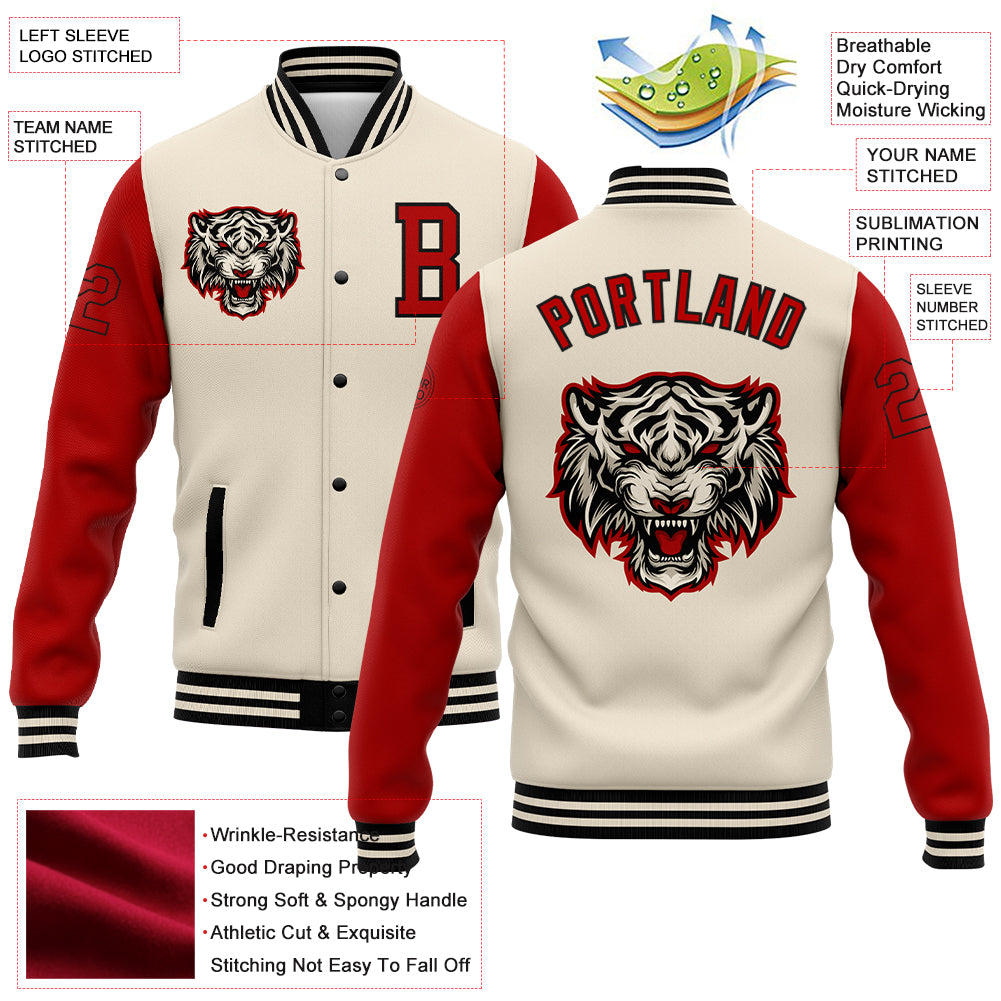 Custom Cream Red-Black 3D Pattern Design Bomber Full-Snap Varsity Letterman Jacket