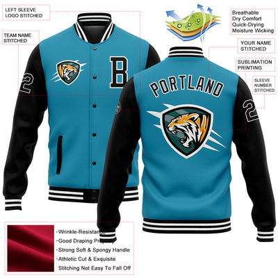 Custom Panther Blue Black-White 3D Pattern Design Bomber Full-Snap Varsity Letterman Jacket