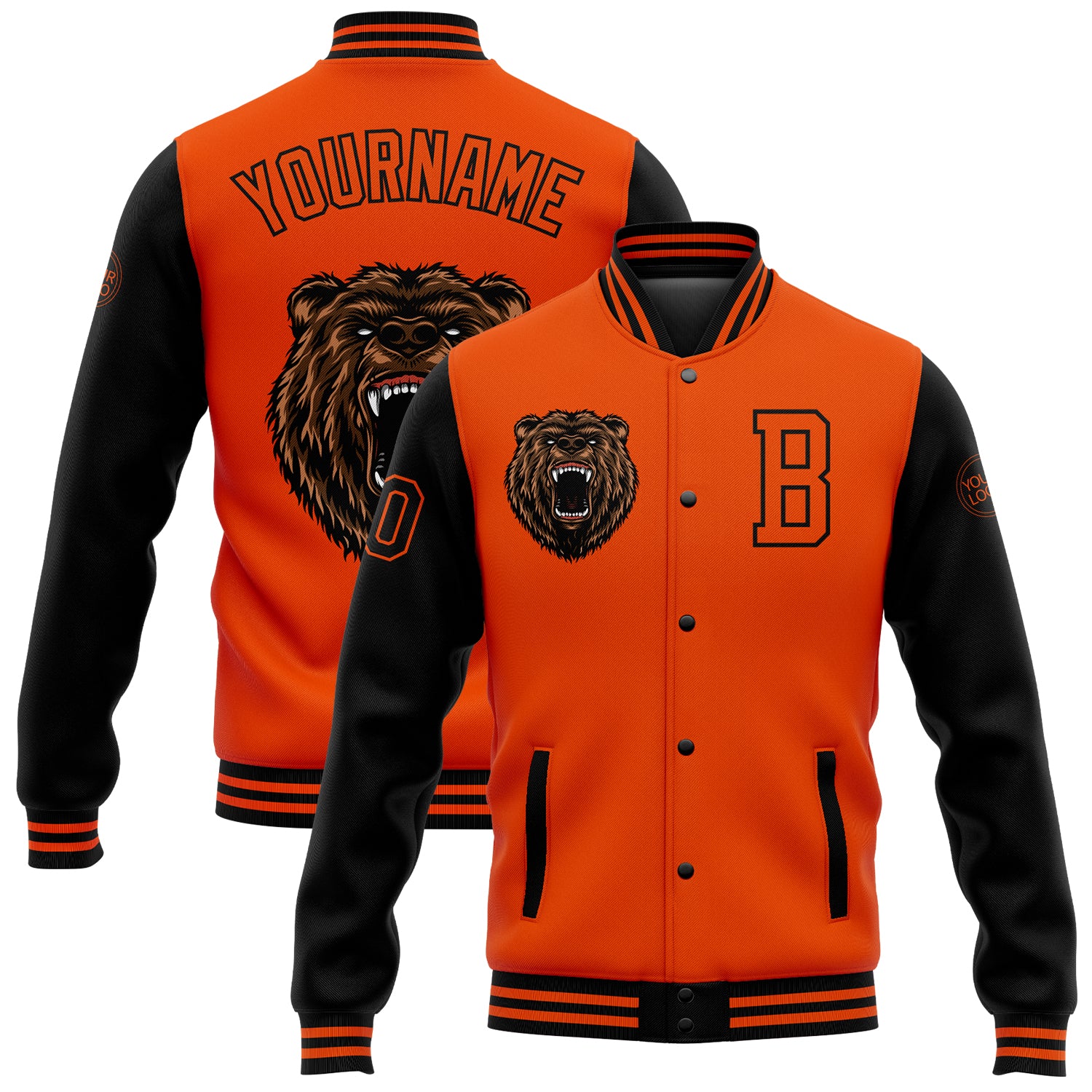 Custom Orange Black 3D Pattern Design Bomber Full-Snap Varsity Letterman Jacket