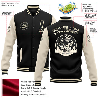 Custom Black Cream Bomber Full-Snap Varsity Letterman Two Tone Jacket