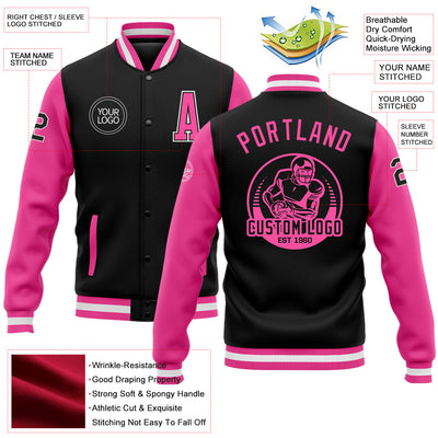 Custom Black Pink-White Bomber Full-Snap Varsity Letterman Two Tone Jacket