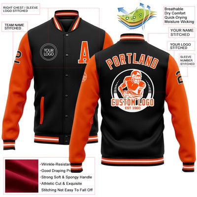 Custom Black Orange-White Bomber Full-Snap Varsity Letterman Two Tone Jacket