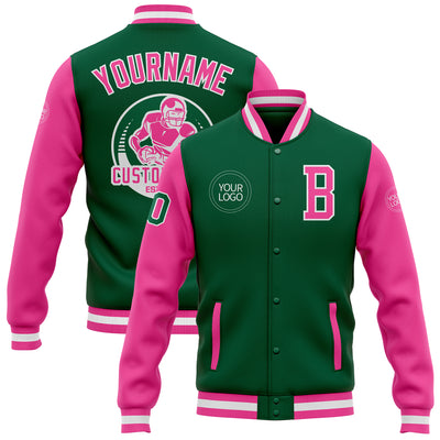 Custom Kelly Green Pink-White Bomber Full-Snap Varsity Letterman Two Tone Jacket