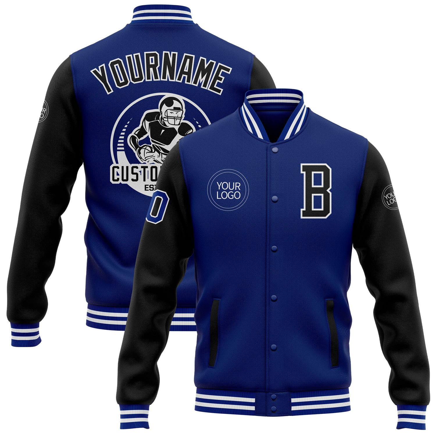 Custom Royal Black-White Bomber Full-Snap Varsity Letterman Two Tone Jacket