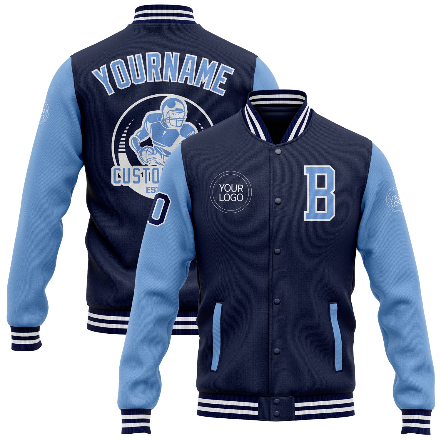 Custom Navy Light Blue-White Bomber Full-Snap Varsity Letterman Two Tone Jacket