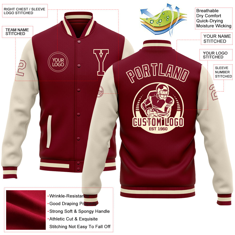 Custom Crimson Cream-Maroon Bomber Full-Snap Varsity Letterman Two Tone Jacket