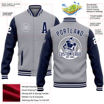 Custom Gray Navy-White Bomber Full-Snap Varsity Letterman Two Tone Jacket