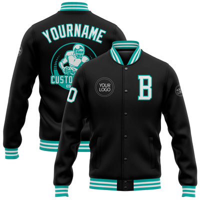 Custom Black White-Aqua Bomber Full-Snap Varsity Letterman Jacket