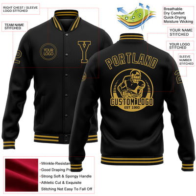 Custom Black Old Gold Bomber Full-Snap Varsity Letterman Jacket