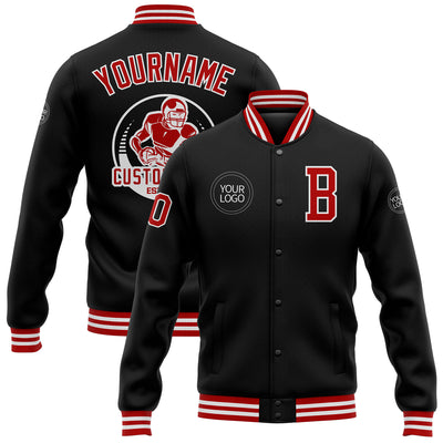 Custom Black Red-White Bomber Full-Snap Varsity Letterman Jacket