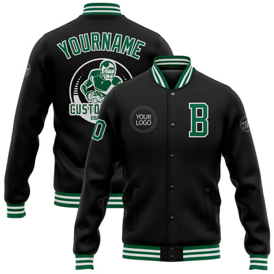 Custom Black Kelly Green-White Bomber Full-Snap Varsity Letterman Jacket