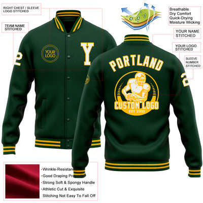 Custom Green White-Gold Bomber Full-Snap Varsity Letterman Jacket