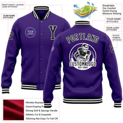 Custom Purple Black-White Bomber Full-Snap Varsity Letterman Jacket