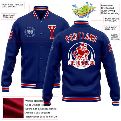 Custom Royal Red-White Bomber Full-Snap Varsity Letterman Jacket