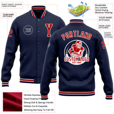 Custom Navy Red-White Bomber Full-Snap Varsity Letterman Jacket