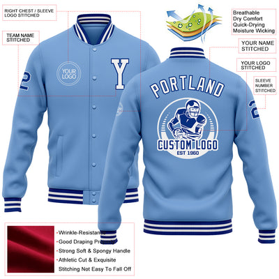 Custom Light Blue White-Royal Bomber Full-Snap Varsity Letterman Jacket