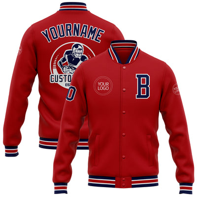 Custom Red Navy-White Bomber Full-Snap Varsity Letterman Jacket