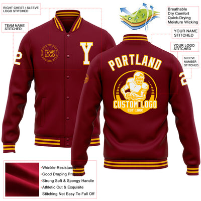 Custom Crimson White-Gold Bomber Full-Snap Varsity Letterman Jacket