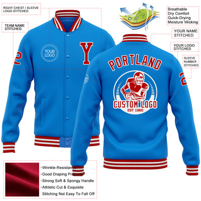 Custom Powder Blue Red-White Bomber Full-Snap Varsity Letterman Jacket