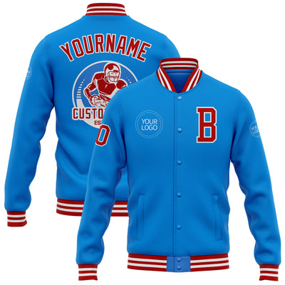 Custom Powder Blue Red-White Bomber Full-Snap Varsity Letterman Jacket