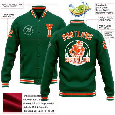 Custom Kelly Green Orange-White Bomber Full-Snap Varsity Letterman Jacket