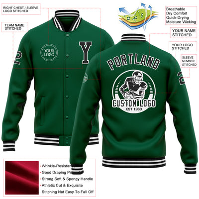 Custom Kelly Green Black-White Bomber Full-Snap Varsity Letterman Jacket