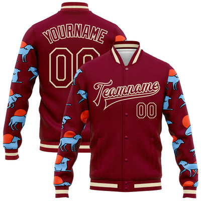 Custom Maroon Cream Wolves Hauling Jumping And Running 3D Pattern Design Bomber Full-Snap Varsity Letterman Jacket