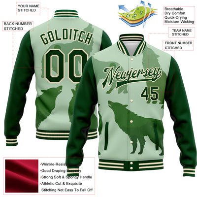 Custom Green Cream Wolf 3D Pattern Design Bomber Full-Snap Varsity Letterman Jacket