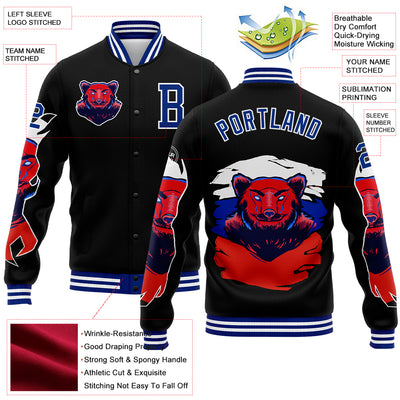 Custom Black Royal-White Bear 3D Pattern Design Bomber Full-Snap Varsity Letterman Jacket