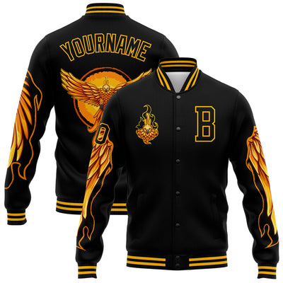 Custom 3D Pattern Varsity Letterman Jacket Black Gold Fire Phoenix Design Bomber Full Snap FansIdea