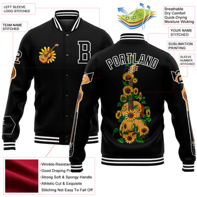 Custom Black White Guitar 3D Pattern Design Bomber Full-Snap Varsity Letterman Jacket