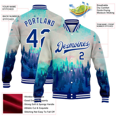 Custom Royal White Daylight Forest 3D Pattern Design Bomber Full-Snap Varsity Letterman Jacket