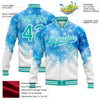 Custom Royal Aqua-White Watercolor Forest Winter Snow Landscape 3D Pattern Design Bomber Full-Snap Varsity Letterman Jacket