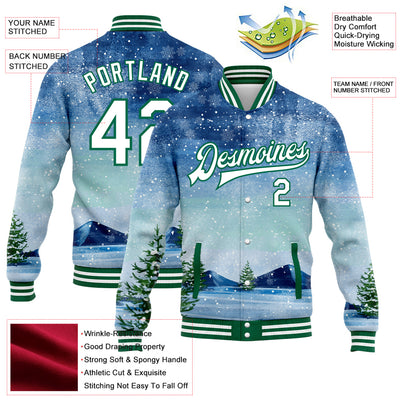 Custom Royal White-Kelly Green Watercolor Winter Landscape With Snowy Trees 3D Pattern Design Bomber Full-Snap Varsity Letterman Jacket