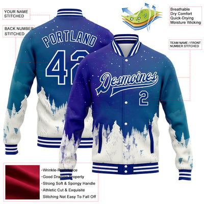 Custom Royal White Watercolor Winter Landscape With Snowy Trees 3D Pattern Design Bomber Full-Snap Varsity Letterman Jacket