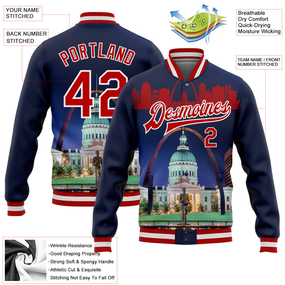 Custom Navy Varsity Letterman Jacket Red-White The Gateway Arch St.Louis  Missouri City Edition 3D Bomber Full-Snap - FansIdea