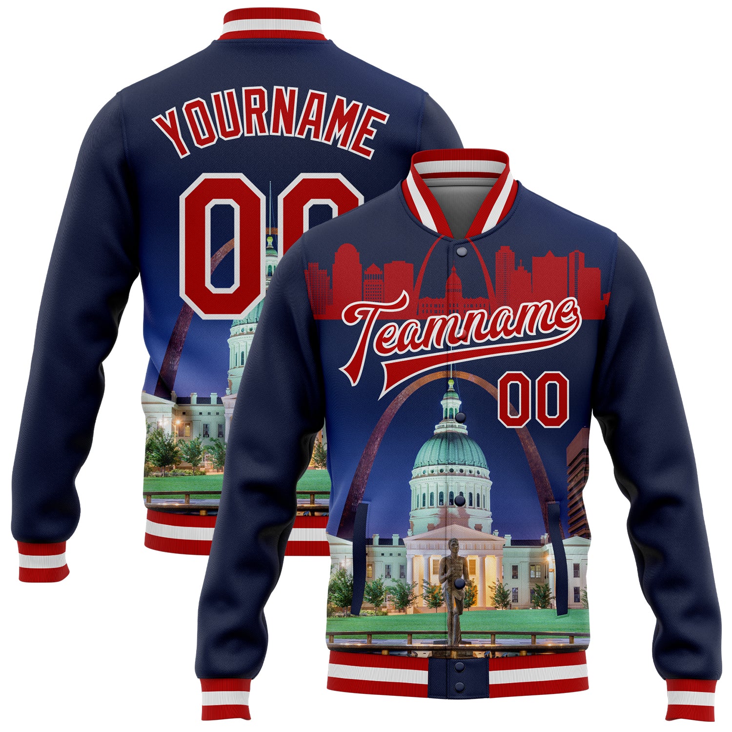 Custom Navy Varsity Letterman Jacket Red-White The Gateway Arch St.Louis  Missouri City Edition 3D Bomber Full-Snap - FansIdea