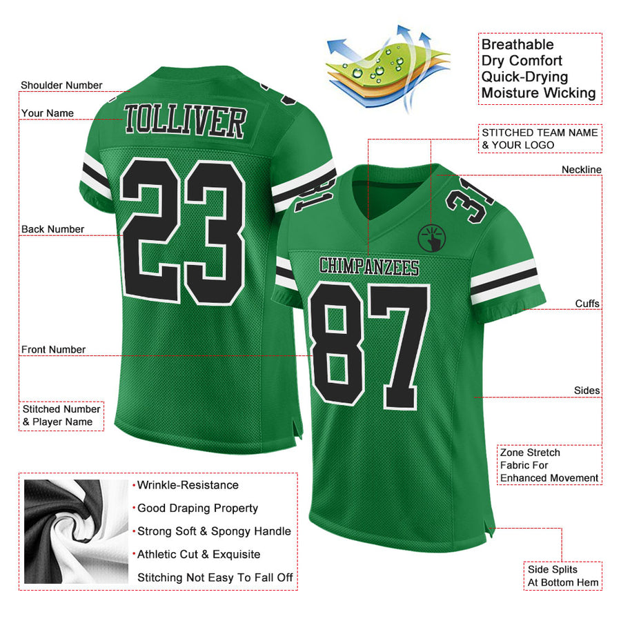 Custom Grass Green Black-White Mesh Authentic Football Jersey