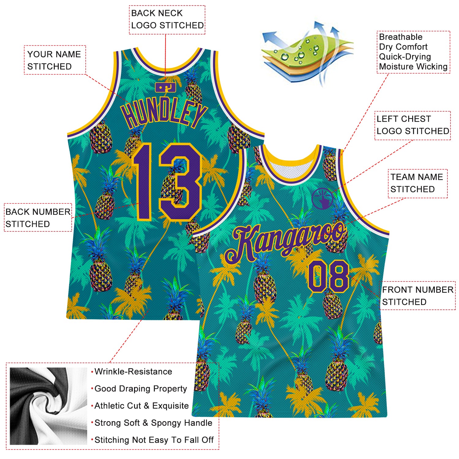 Custom Kelly Green Purple-Gold 3D Pattern Hawaii Palm Trees Pineapples Authentic Basketball Jersey