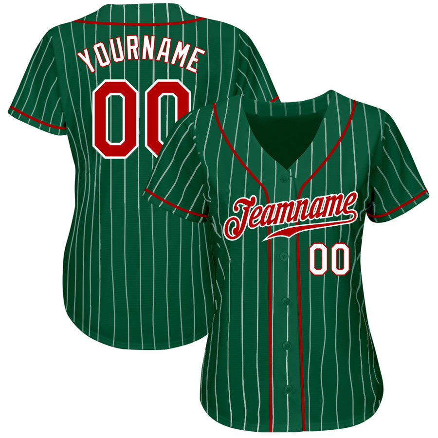 Custom Kelly Green White Pinstripe Red-White Authentic Baseball Jersey