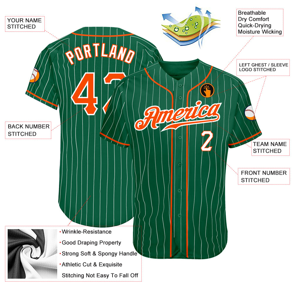 Custom Kelly Green White Pinstripe Orange-White Authentic Baseball Jersey