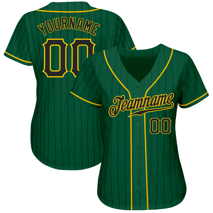 Custom Kelly Green Black Pinstripe Black-Gold Authentic Baseball Jersey