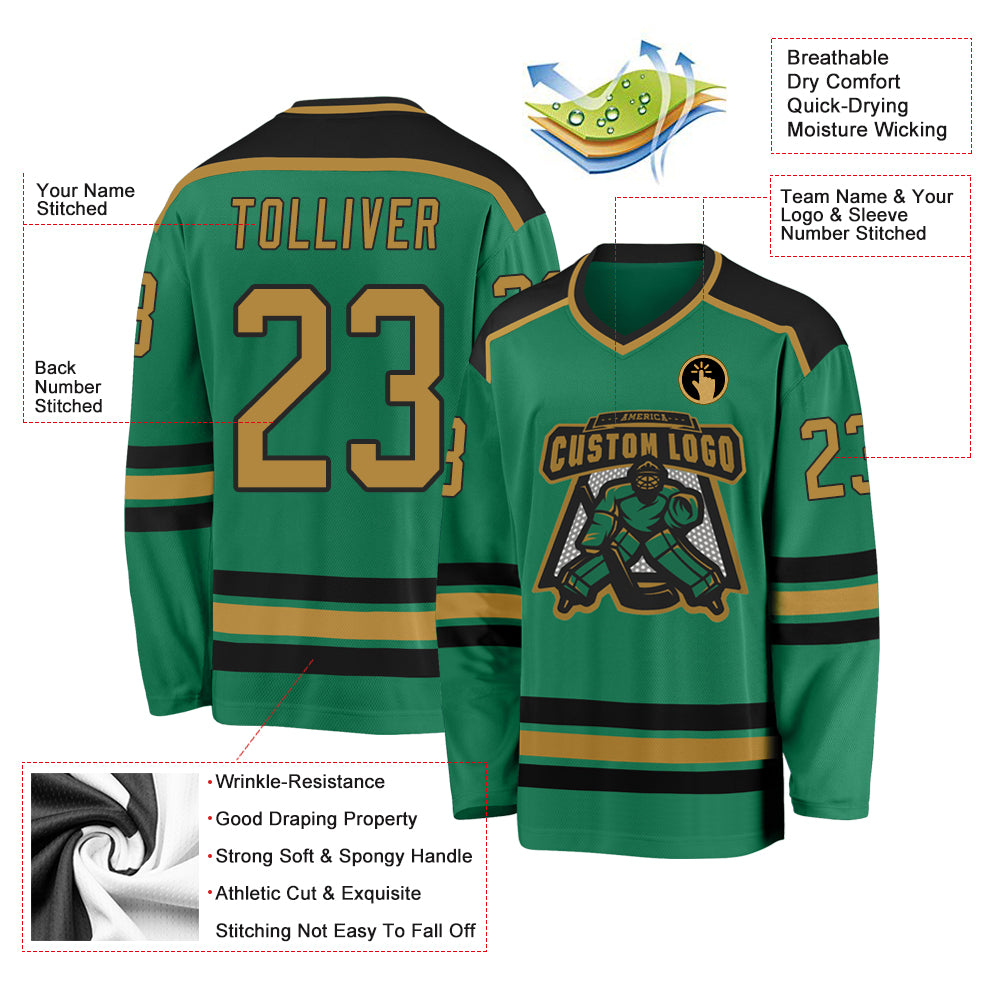 Custom Kelly Green Old Gold-Black Hockey Jersey