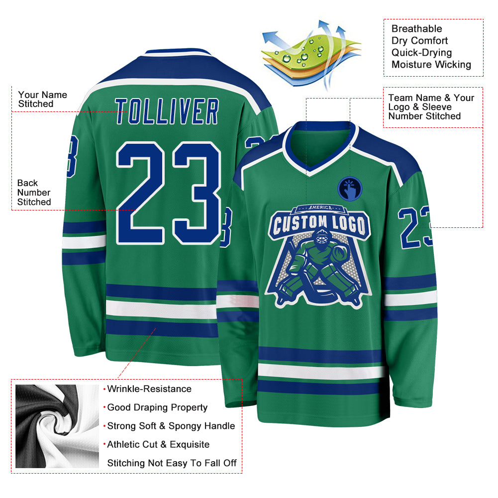 Custom Kelly Green Royal-White Hockey Jersey