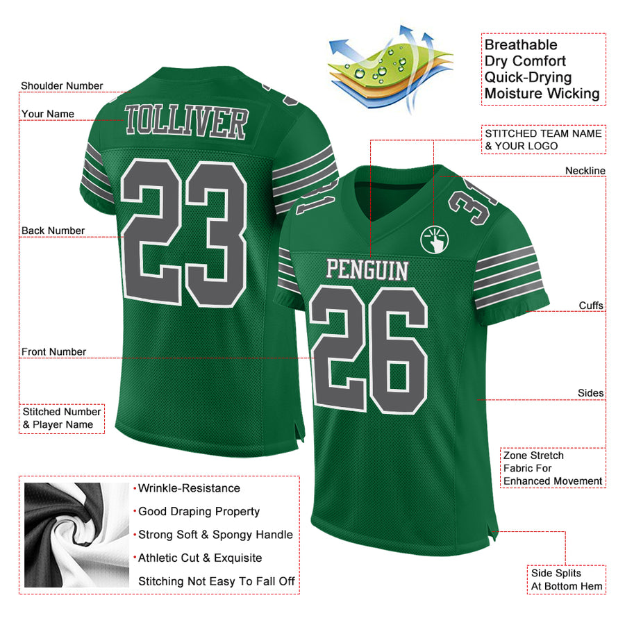 Custom Kelly Green Steel Gray-White Mesh Authentic Football Jersey