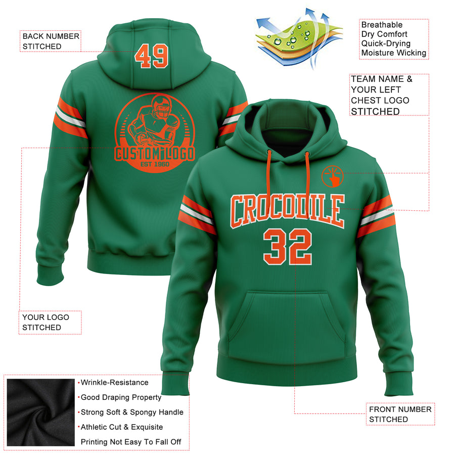 Custom Stitched Kelly Green Orange-White Football Pullover Sweatshirt Hoodie